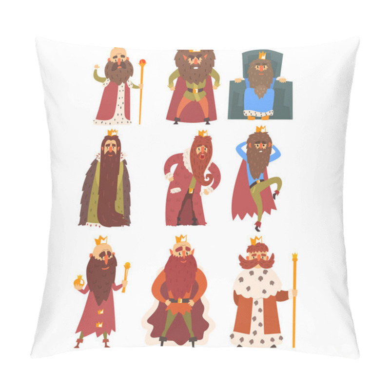 Personality  Set Of Different Funny Bearded Kings In Different Actions. Old Men Wearing Gold Crowns, Mantels And Armor. Rulers Of Kingdoms. Cartoon Characters. Flat Vector Illustration Isolated On White Background Pillow Covers