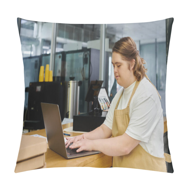 Personality  Young Female Employee With Mental Disability Working On Laptop On Counter In Cafe, Inclusivity Pillow Covers