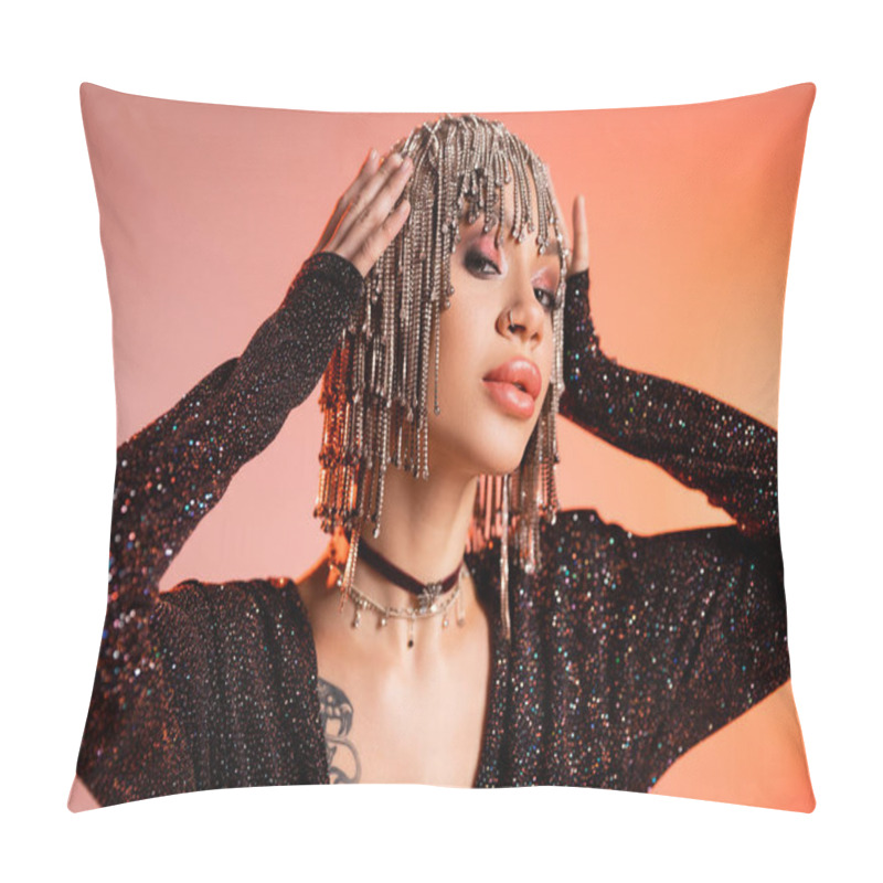 Personality  Portrait Of Tattooed Woman In Black Lurex Dress Touching Wig With Shiny Rhinestones On Coral Pink Background Pillow Covers