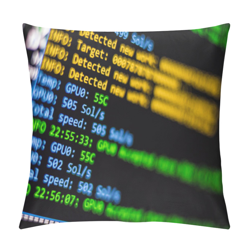 Personality  Mining Cryptocurrency Process Program On Display PC. Using Software. Share Found. Pillow Covers