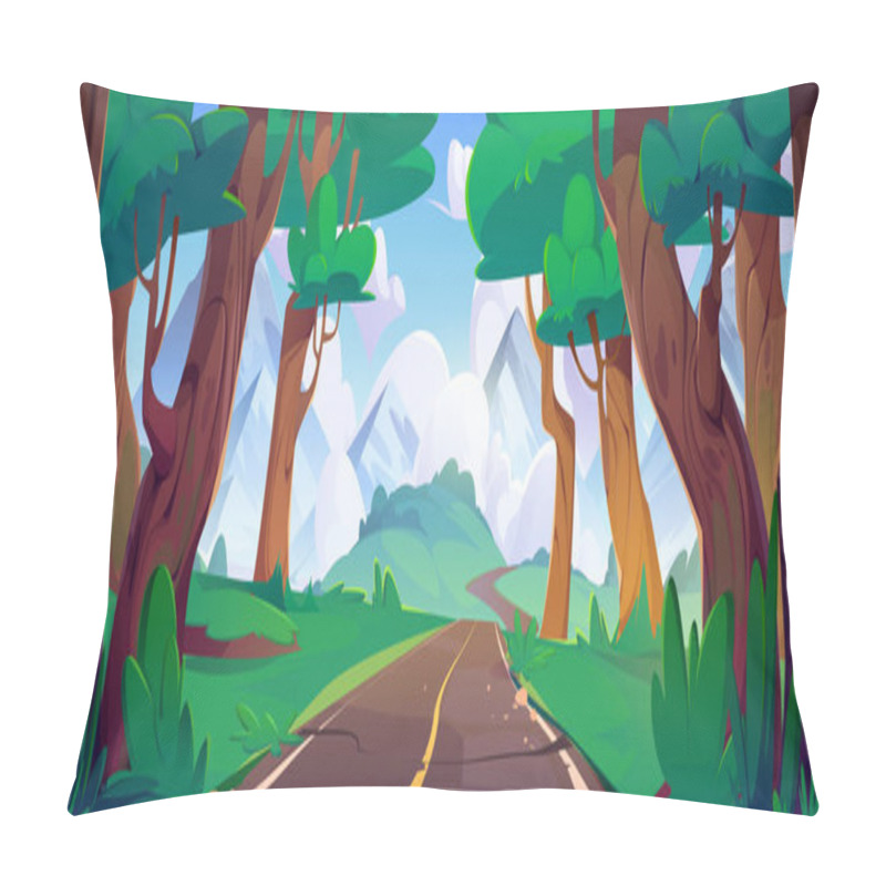 Personality  Forest Mountain Road With Tree Landscape Vector. Green Summer Nature And Blue Sky Cartoon Beautiful Illustration. Sunny Adventure Highway Scene To Travel In Alps Environment. Panorama Valley Graphic Pillow Covers