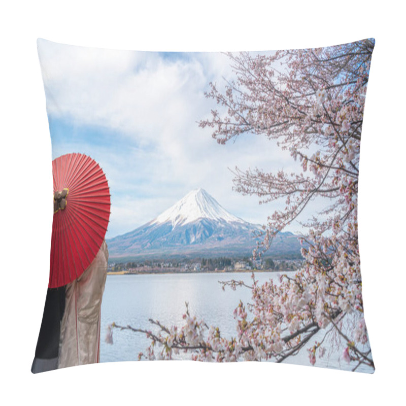 Personality  Couple Traveller With A Red Umbrella And Walking Over The Bridge With Fuji Mountain And Sakura Flower Background In Tokyo City, Japan Pillow Covers