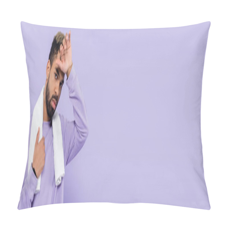 Personality  Tired African American Man In Sweater Holding White Towel And Wiping Sweat With Hand Isolated On Purple, Banner Pillow Covers