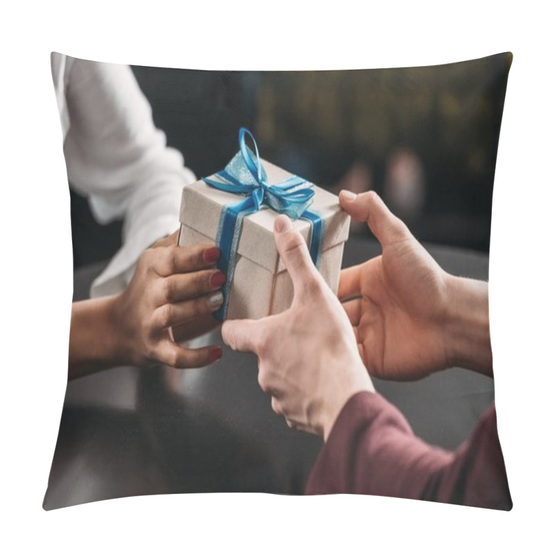 Personality  Cropped Shot Of Man Giving Anniversary Gift To Girlfriend Pillow Covers