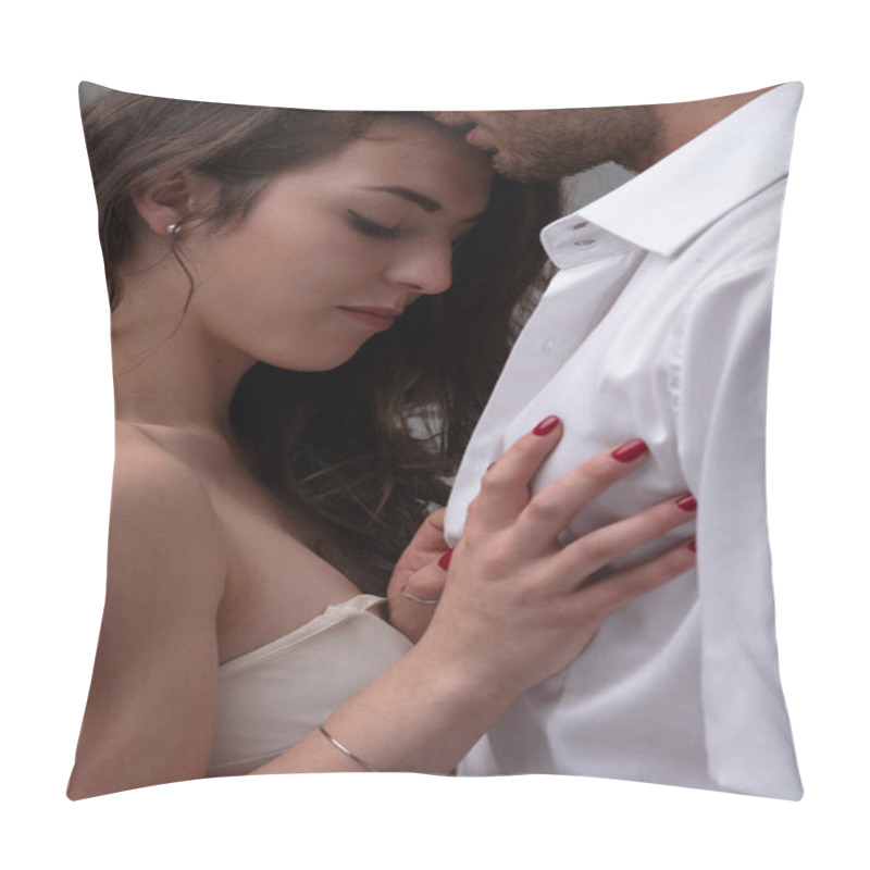 Personality  Face Of A Young Woman Towards The Chest Of An Elegant Man, She Puts Her Hand On His Chest Because She Is Attracted By His Strong Appearance Pillow Covers