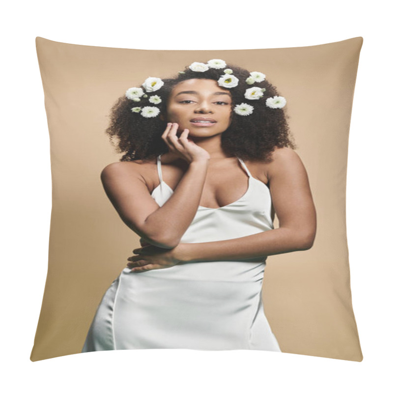 Personality  A Beautiful African American Woman With Natural Makeup And Flowers In Her Hair Poses In A White Dress Against A Beige Background. Pillow Covers