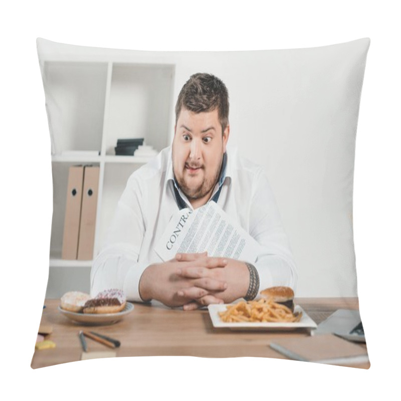 Personality  Hungry Overweight Businessman Choosing Donuts Or Hamburger With French Fries For Lunch Pillow Covers