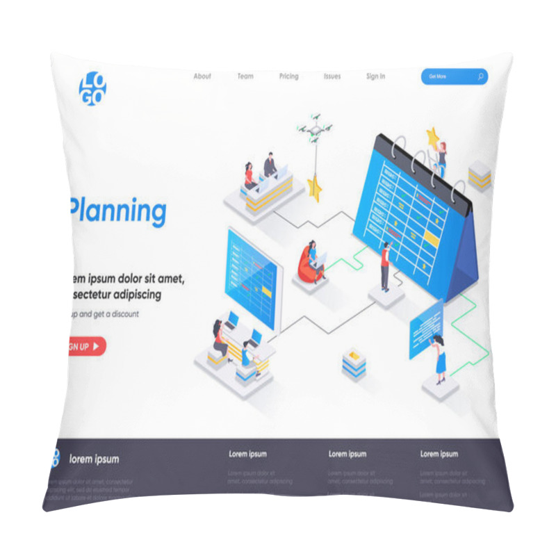 Personality  Planning Isometric Landing Page. Business Planning, Organizing Work Activities And Tasks Isometry Concept. Time Management And High Productivity Flat Design. Vector Illustration With People Characters Pillow Covers