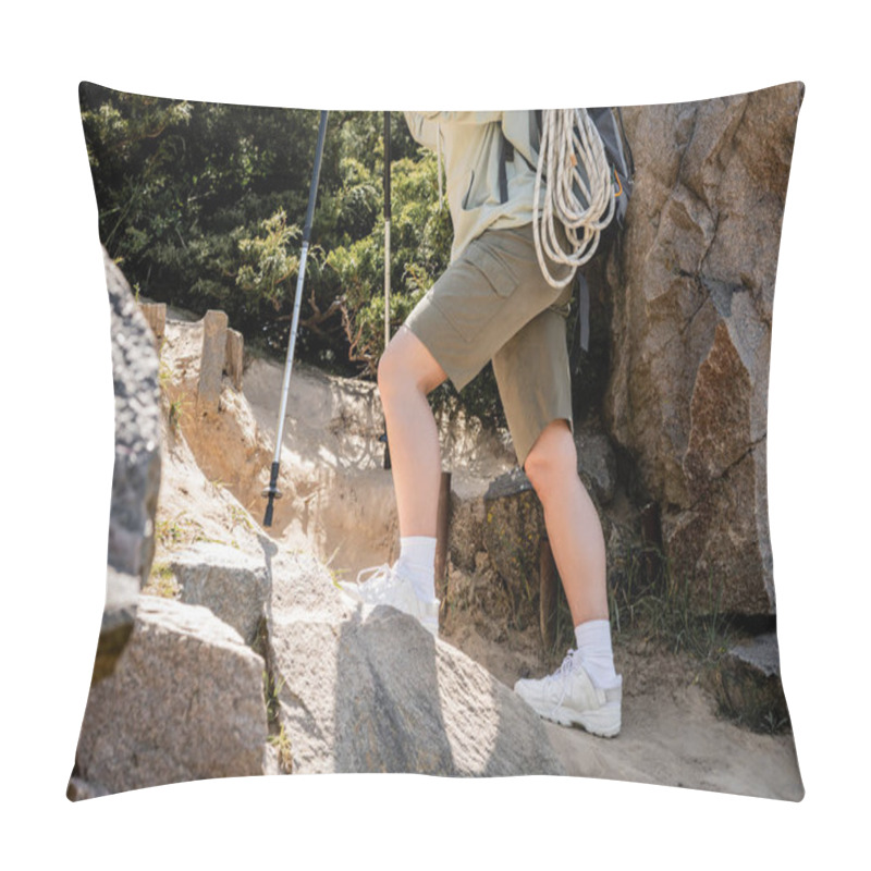 Personality  Cropped View Of Young Woman In Casual Clothes With Backpack Standing Near Trekking Poles While Walking On Hill With Stones, Tranquil Hiker Finding Inner Peace On Trail, Summer Pillow Covers