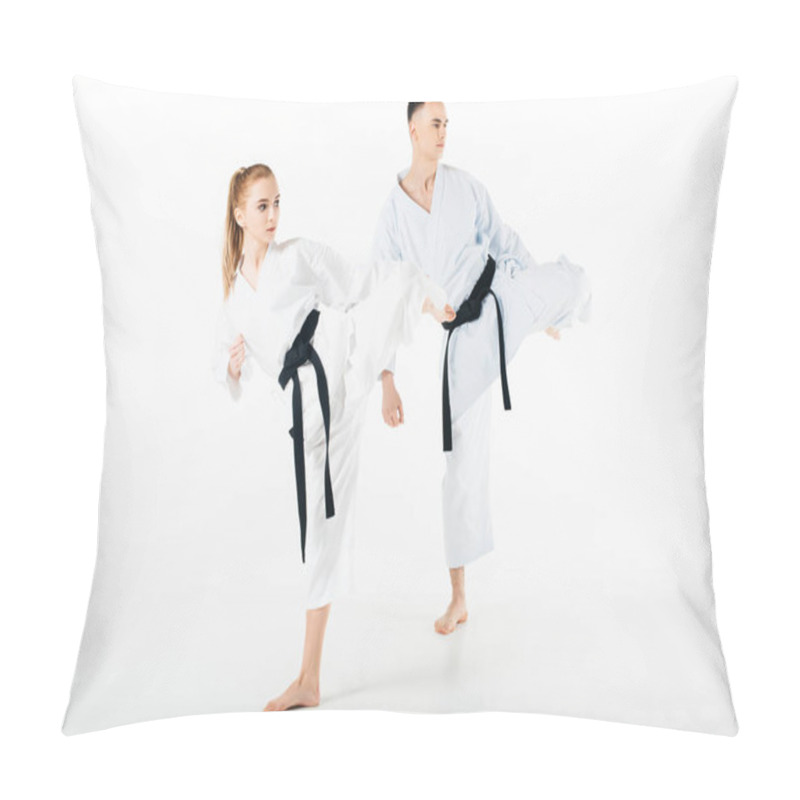 Personality  Karate Fighters Training Together Isolated On White Pillow Covers