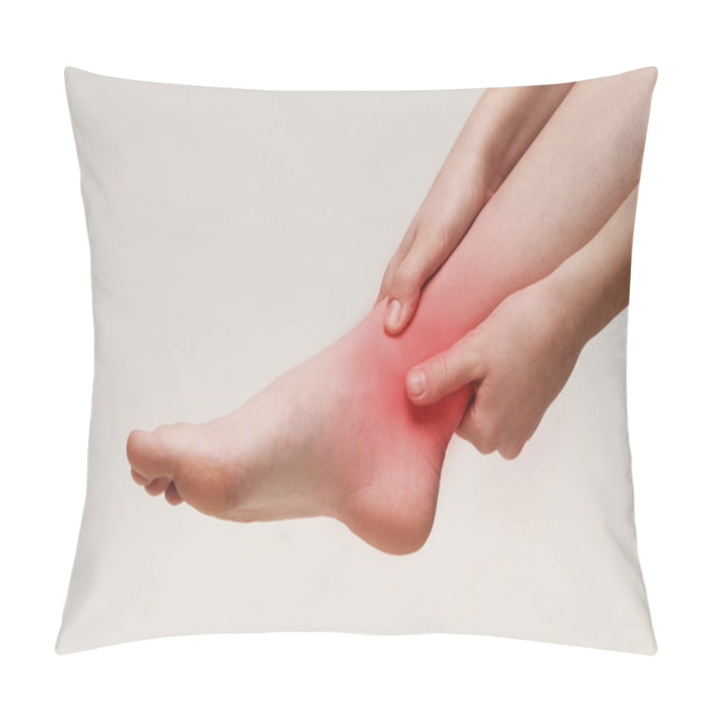 Personality  Woman Suffering From Pain In Ankle Closeup Pillow Covers