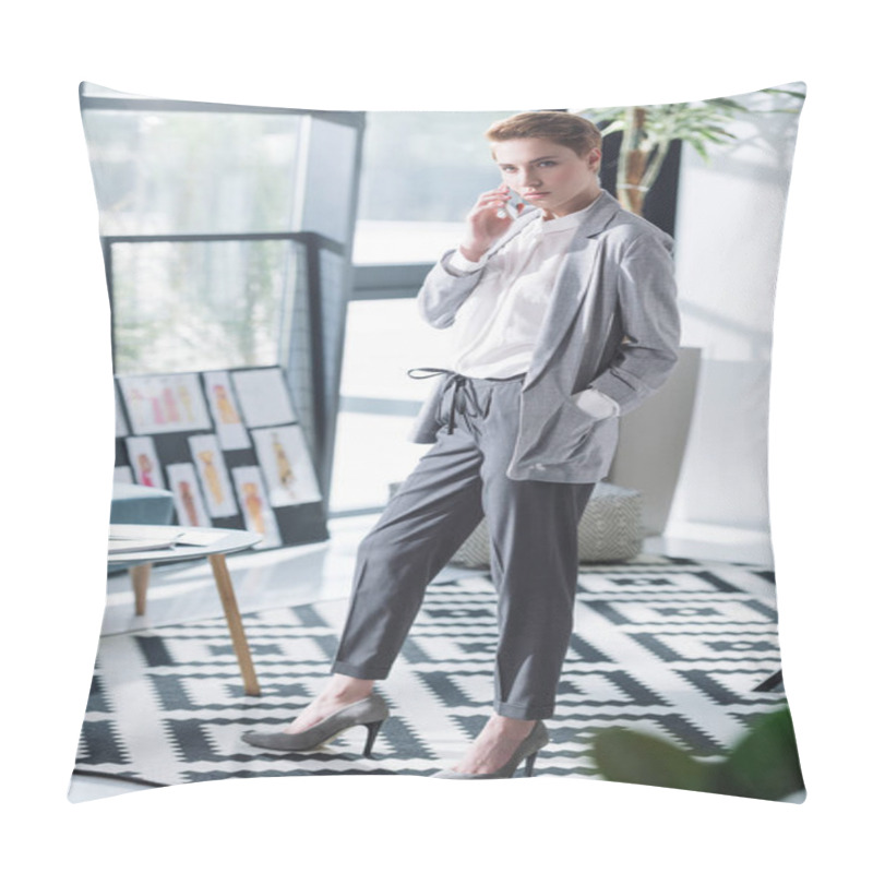 Personality  Attractive Young Fashion Designer Talking By Phone At Office Pillow Covers