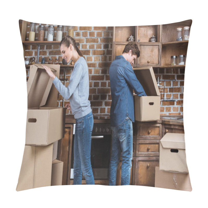 Personality  Couple Unpacking Stuff At New Home Pillow Covers