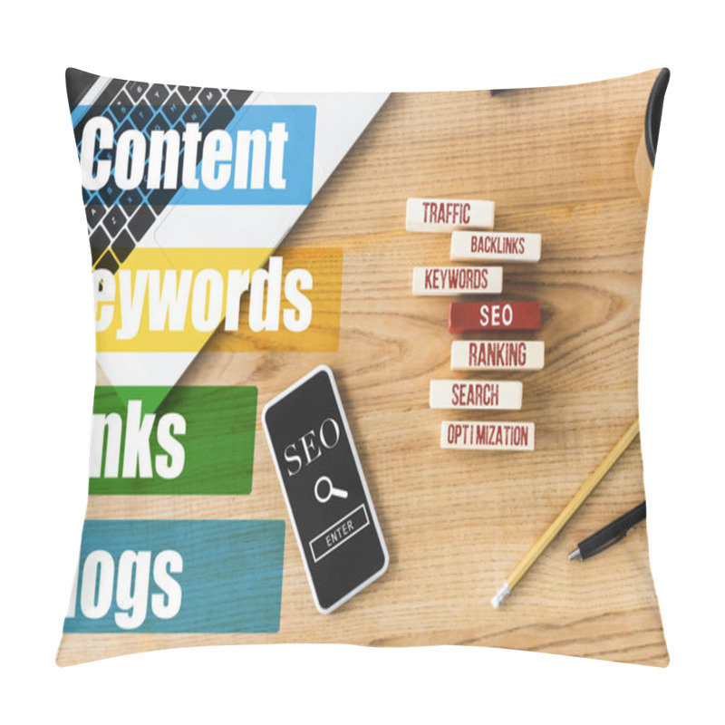 Personality  Top View Of Wooden Rectangles With Illustration Of Concept Words Of Seo, Smartphone, Laptop, Pen And Pencil  Pillow Covers