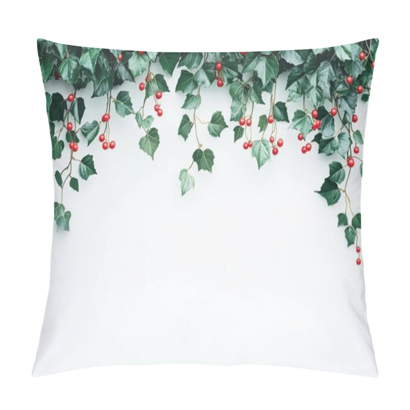 Personality  Lush Green Ivy With Bright Red Berries Against A Soft White Backdrop. Pillow Covers