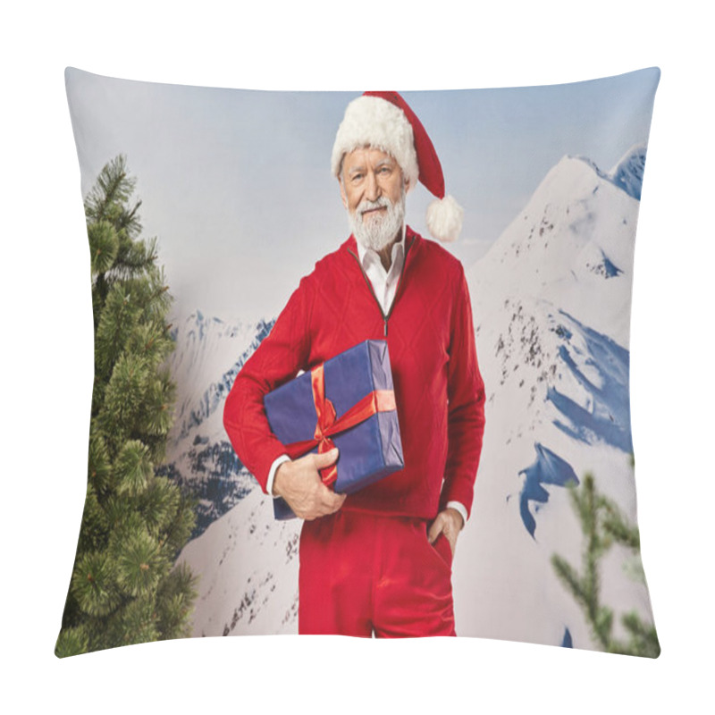 Personality  Stylish Santa Holding Big Present And Posing On Snowy Backdrop With Mountain, Winter Concept Pillow Covers