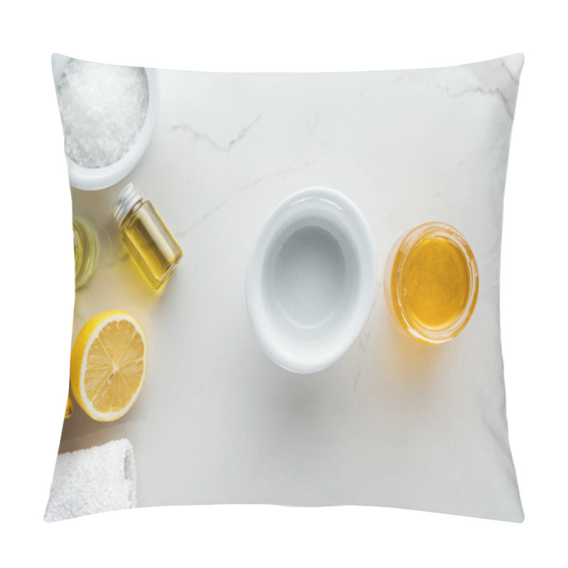 Personality  Top View Of Lemons And Bowls With Different Ingredients For Homemade Cosmetics On White Surface Pillow Covers