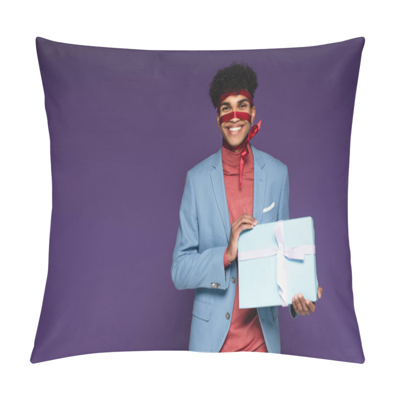 Personality  Joyful African American Man Tied With Red Ribbon Holding Present On Purple  Pillow Covers