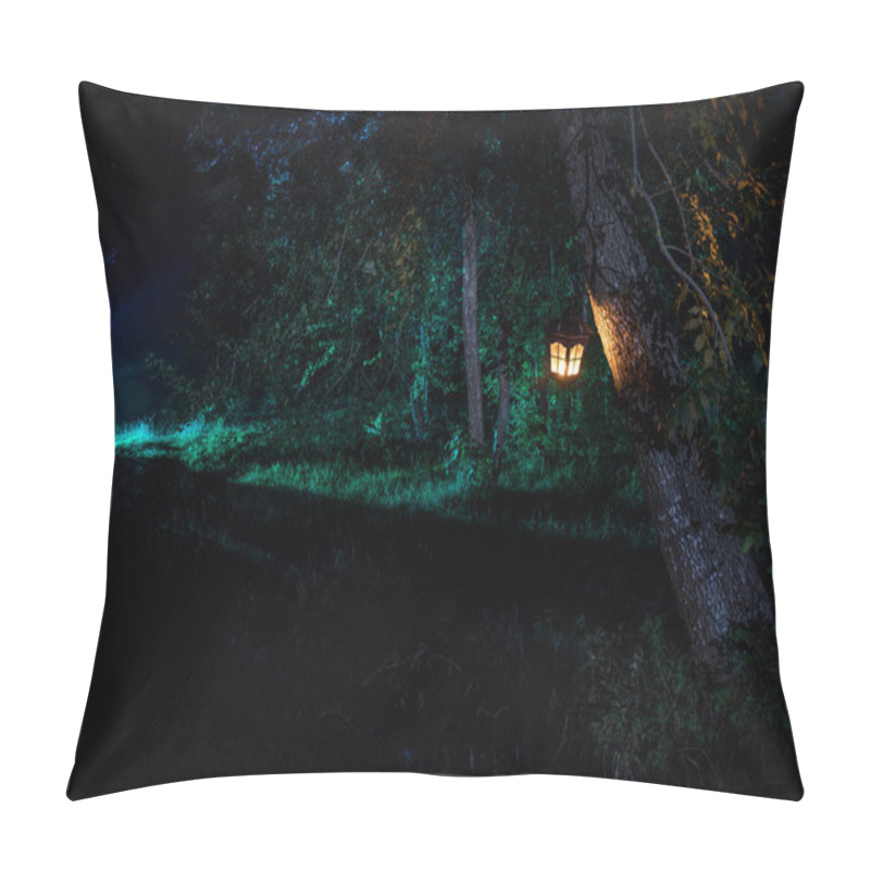 Personality  Horror Halloween Concept. Burning Old Oil Lamp In Forest At Night. Night Scenery Of A Nightmare Scene. Pillow Covers