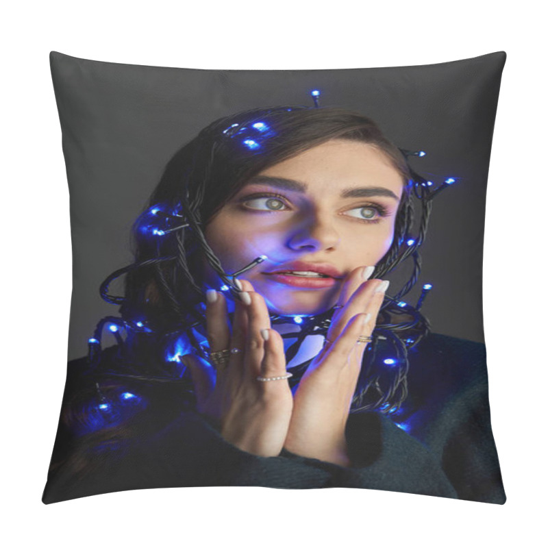 Personality  A Young Woman Glows In Blue Lights, Highlighting Her Expressive Features And Creative Spirit. Pillow Covers