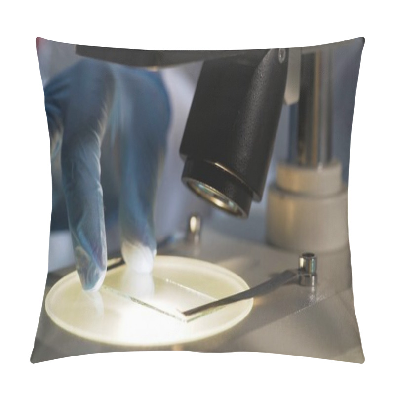 Personality  Medical Research, Scientist Viewing Material Sample Under Microscope, Close-up Pillow Covers