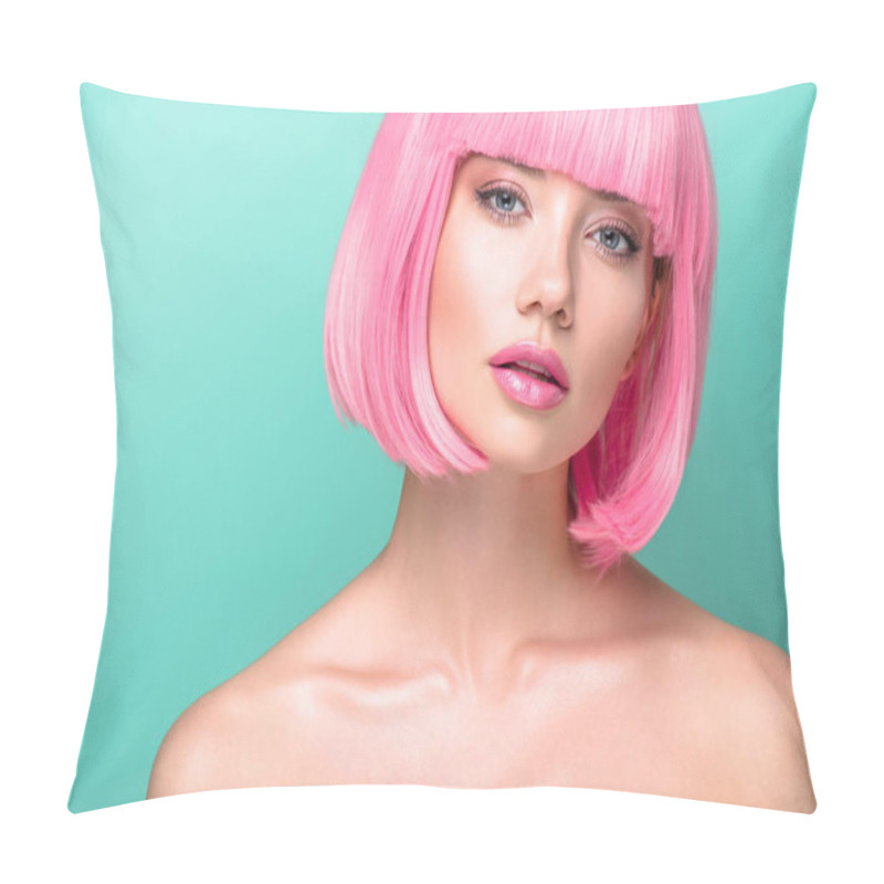 Personality  Attractive Young Woman With Pink Bob Cut And Stylish Makeup Looking At Camera Isolated On Turquoise Pillow Covers