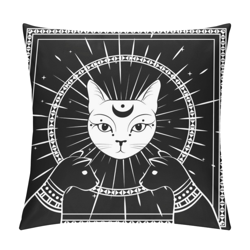 Personality  Black Cats, Cat Face With Moon On Night Sky With Ornamental Round Frame. Magic, Occult Design. Pillow Covers