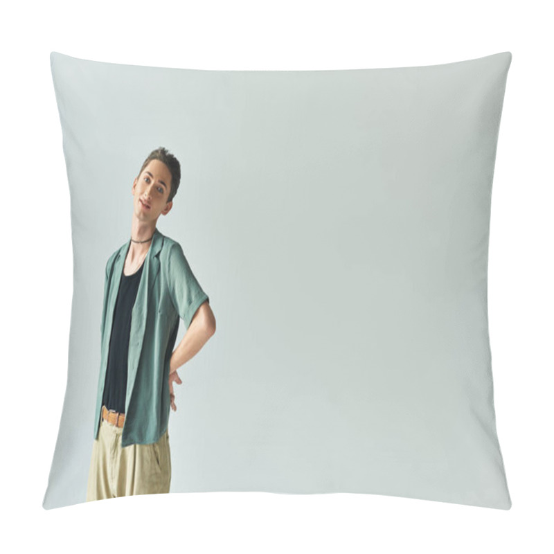 Personality  A Young Queer Person Confidently Posing Against A Neutral Background. Pillow Covers