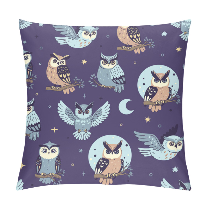 Personality  Seamless Pattern With Night Owls, Moon And Stars. Vector Image. Pillow Covers