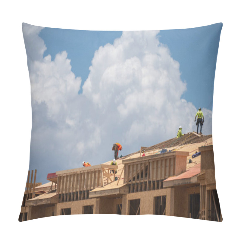 Personality  Construction Site. Roofer Worker On Roof Structure. Roofing Wooden House Frame. Worker Builder Working On Roof At Construction Site. Construction Builders Pillow Covers