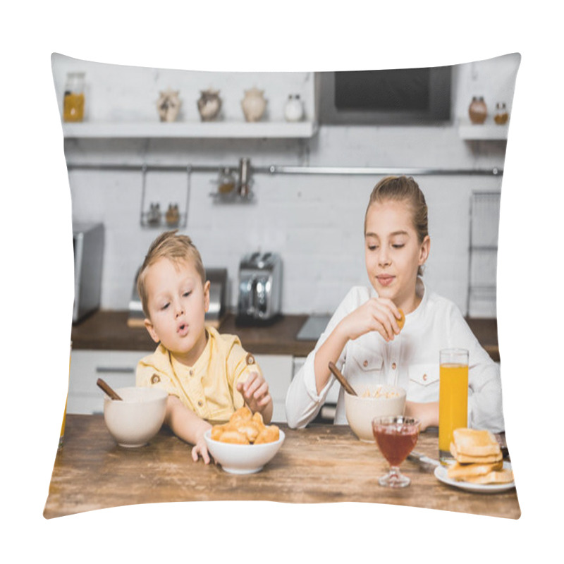 Personality  Cute Siblings Sitting At Table And Holding Cookies Pillow Covers