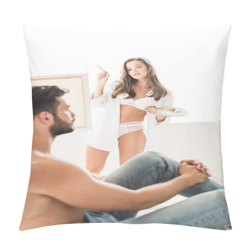 Personality  Selective Focus Of Sexy Girl In White Underwear Drawing Man While Guy Sitting In Bed Pillow Covers