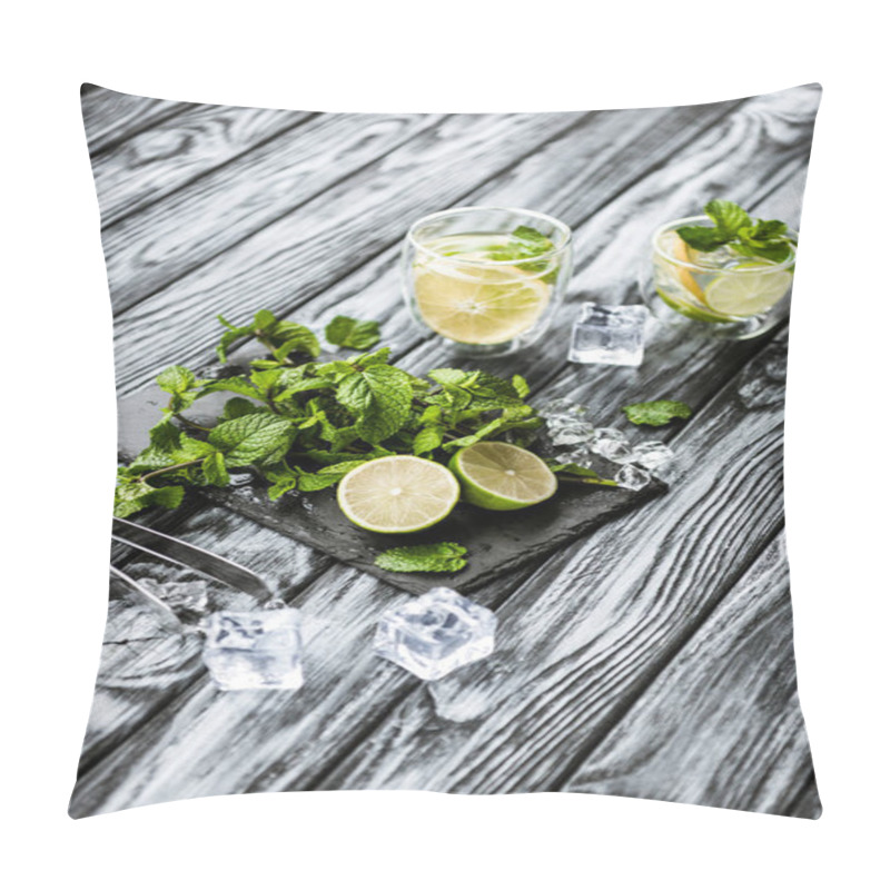 Personality  High Angle View Of Summer Cocktail In Glasses And Ingredients For Making Mojito On Wooden Table Pillow Covers