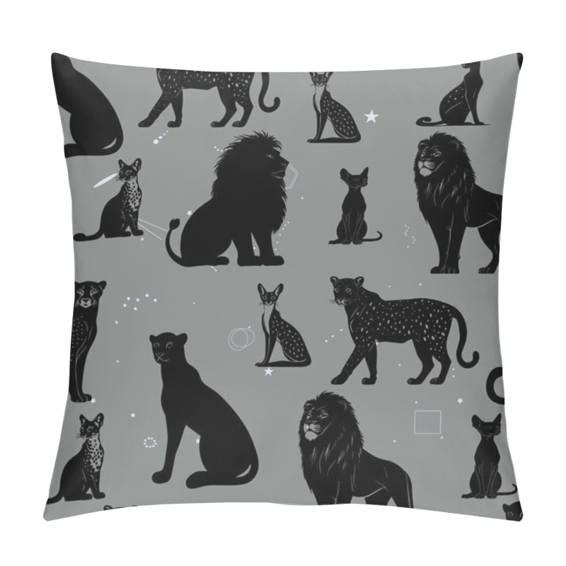 Personality  Seamless Pattern Of Big Cats On Gray Background. Silhouettes Of Lions, Leopards, And Wild Cats Design. Mystical Big Cat Pattern With Stars And Geometric Pillow Covers