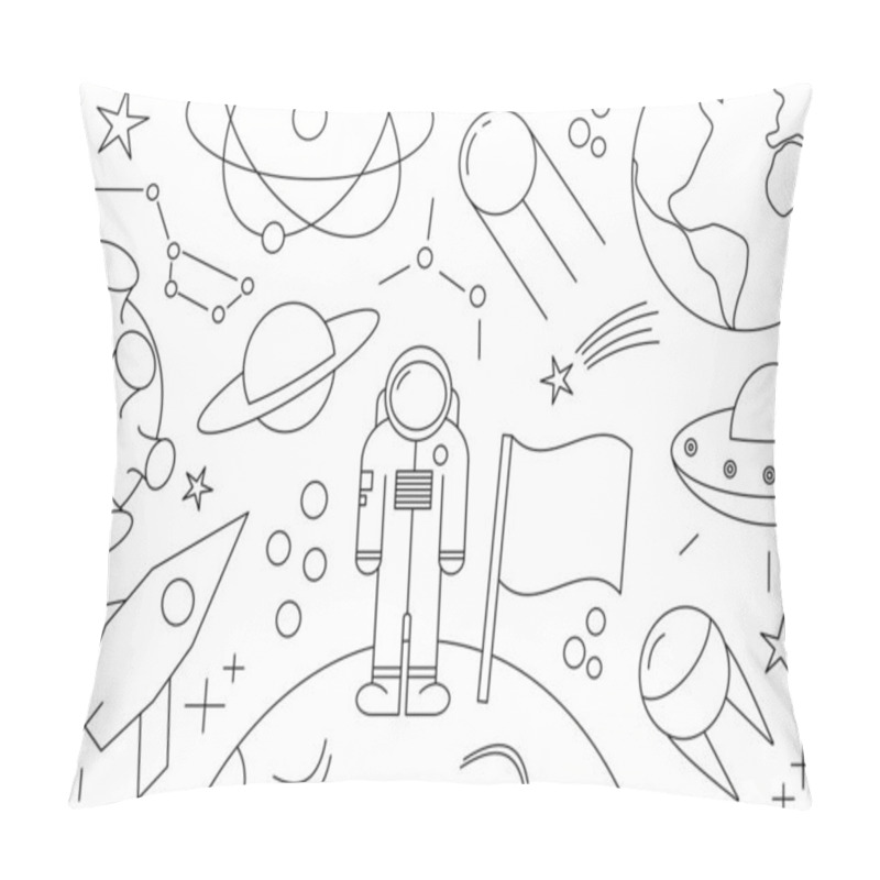 Personality  Modern Pattern Of Planet, Star, Comet, With Different Rockets. Universe Line Drawings. Cosmos. Trendy Space Signs, Constellation, Moon. Outline, Doodle Style, Icon, Sketch. On White Background. Pillow Covers