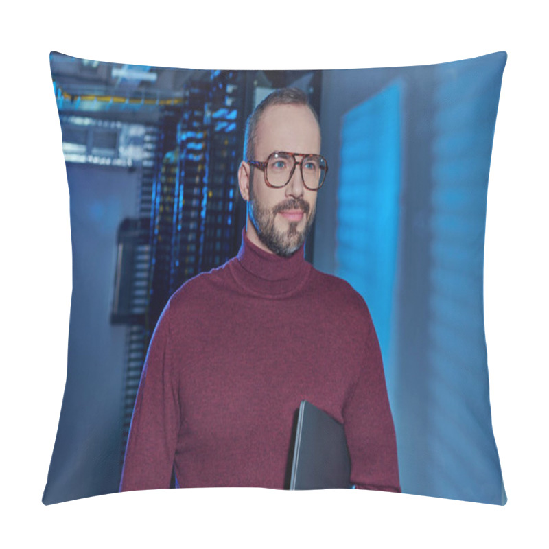 Personality  Cheerful Handsome Data Center Specialist In Turtleneck With Glasses Holding Laptop And Looking Away Pillow Covers