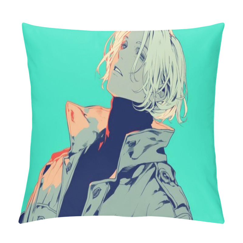 Personality  Stylized Digital Illustration Of A Character In A Trench Coat, Set Against A Bold Cyan Background. Pillow Covers