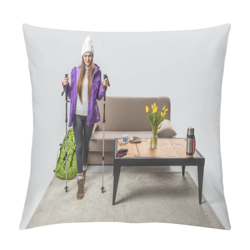 Personality  Female Hiker In Warm Clothing With Backpack And Hiking Equipment Ready To Travel Pillow Covers