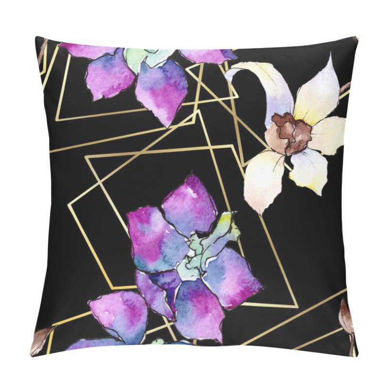 Personality  Purple And White Orchid Flowers. Seamless Background Pattern. Fabric Wallpaper Print Texture. Watercolor Background Illustration. Geometric Polyhedron Crystal Mosaic Shape. Pillow Covers