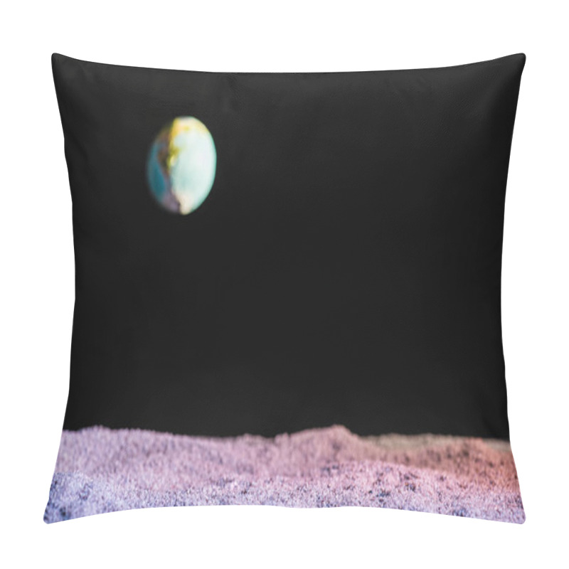 Personality  Sandy Ground With Blurred Planet Earth In Space Isolated On Black With Copy Space Pillow Covers