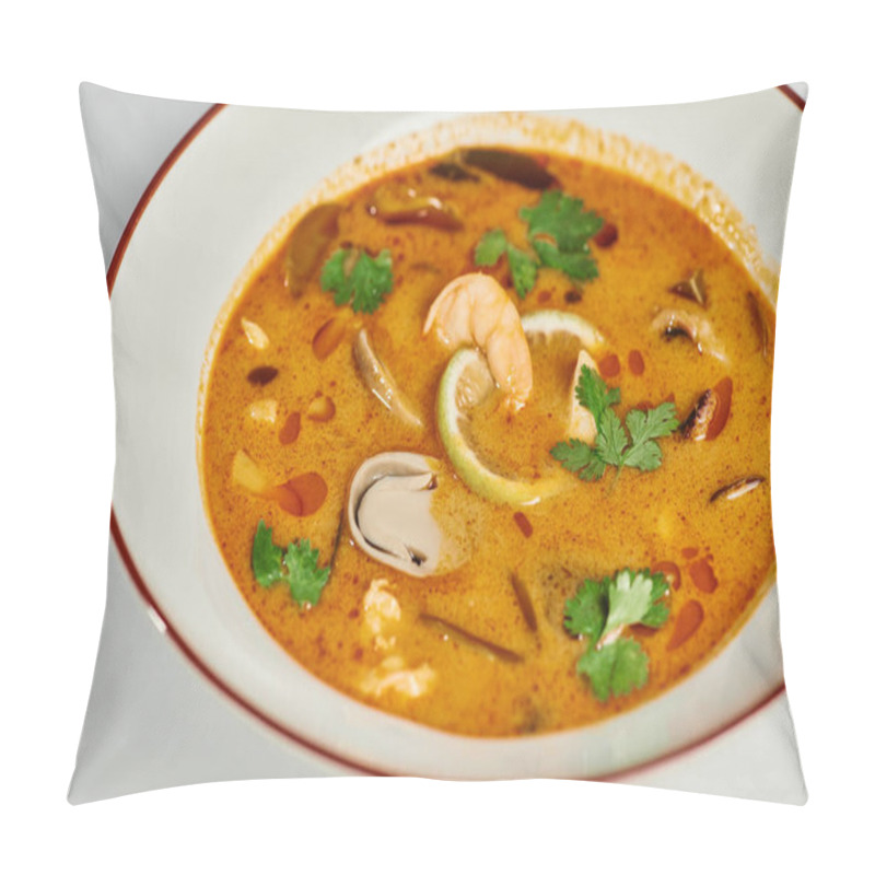 Personality  Spicy Thai Soup With Coconut Milk, Shrimp, Lemongrass And Cilantro On Grey Backdrop, Tom Yum Pillow Covers