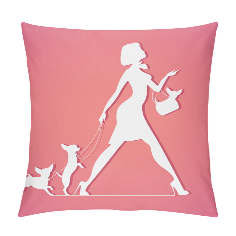 Personality  Vector Silhouette Of Woman With Dog. Young  Walking Dogs. Fashionista   Pillow Covers