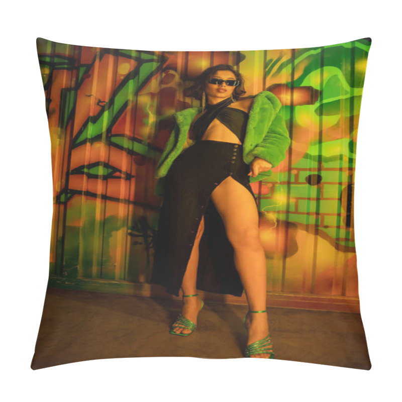 Personality  Trendy Asian Woman In Heels, Dress And Sunglasses Standing Near Graffiti On Wall In Night Club Pillow Covers