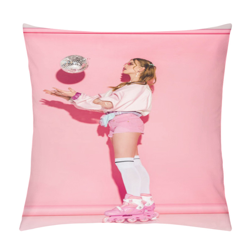 Personality  Attractive Girl In Sunglasses Catching Shiny Disco Ball While Standing In Roller-skates On Pink Pillow Covers