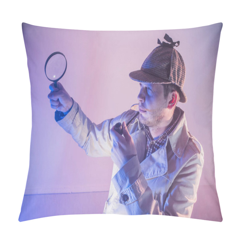 Personality  Sherlock Holmes In Studio Detective At Work With Magnifying Glass And Pipe Pillow Covers