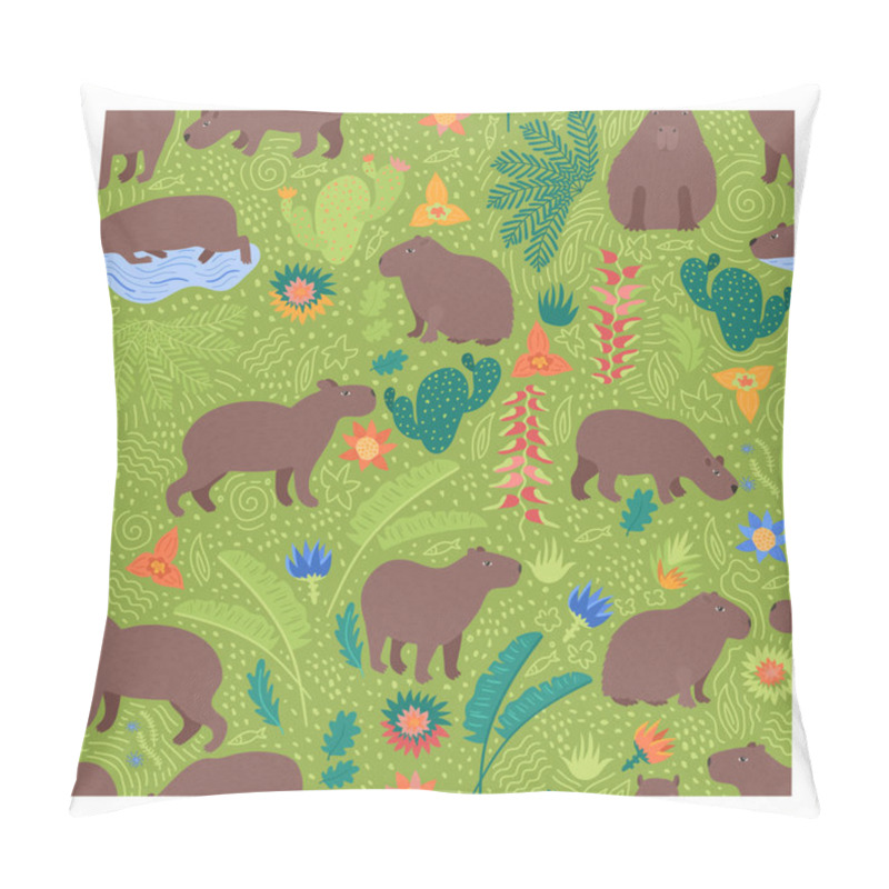 Personality  Cute Seamleaa Pattern On Green With Capybaras Grazing In The Meadow. Cute Backdrop For Kids Apparel, Print. Zoo Design With Funny Adorable Animals. Childish Design For Textile. Plants, Flowers Element Pillow Covers