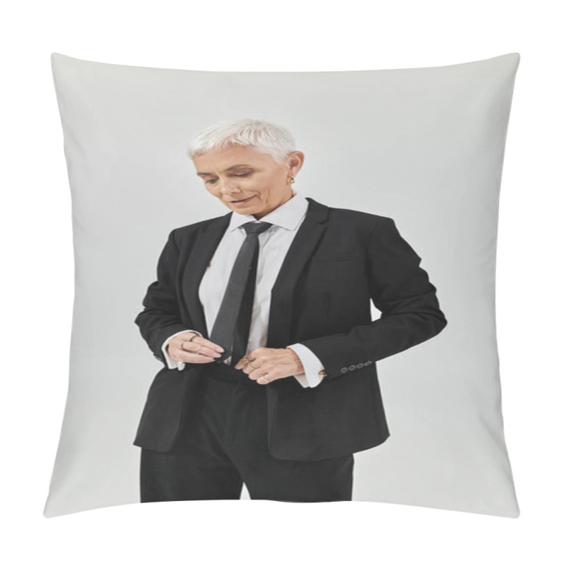 Personality  A Fashionable Woman With Short Hair Adjusts Her Tie With Poise. Pillow Covers