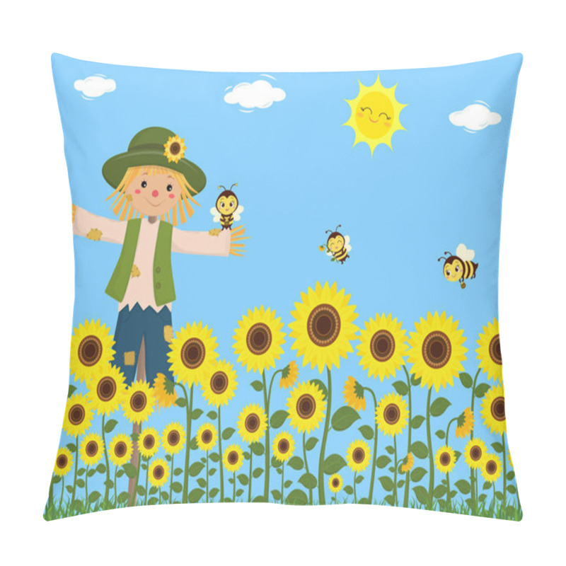 Personality  Sunflowers, A Scarecrow And Cute Bees Collect Nectar. Blue Sky, Sun, Clouds, Grass. Vector, Cartoon Style Pillow Covers