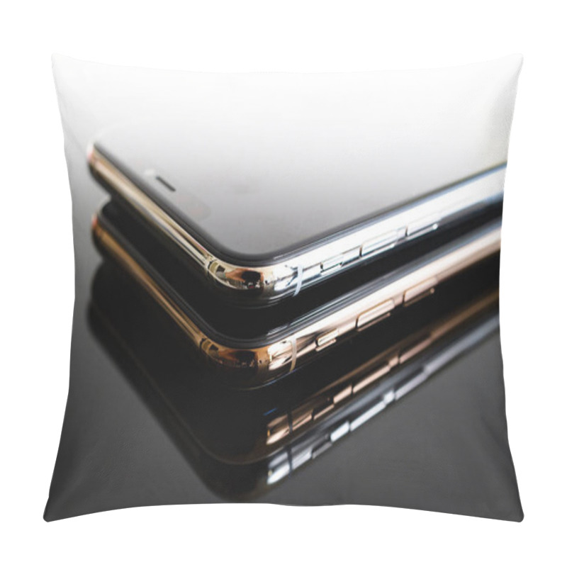 Personality  PARIS, FRANCE - SEP 25, 2018: One Above Another IPhone Xs And Xs Max Smartphone Model By Apple Computers Close Up Of Newest Golden Silver IPhone Mobile Phone Device On Gray Reflective Background Pillow Covers