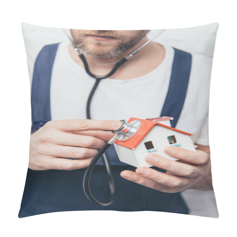 Personality  Partial View Of Bearded Male Repairman Checking House Figure By Stethoscope, Home Inspection Concept Pillow Covers